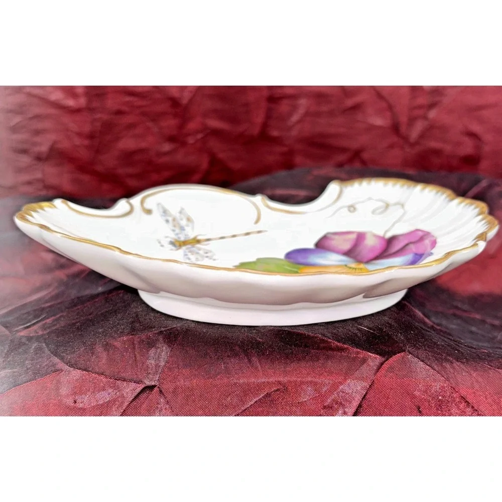 Anna Weatherley Handpainted Dragonfly Pansy Leaf Insect Accent Trinket Dish RARE